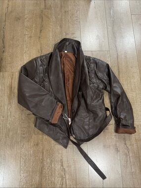 Women's Dark Brown Leather Belted Jacket with Lace-Up Detail